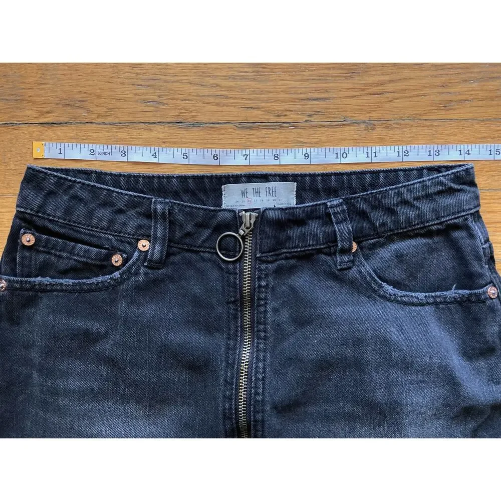 FREE PEOPLE Black Distressed Full Zip Denim Skirt sz 26